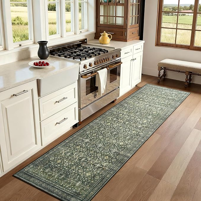 Lofus 2'6"x14' Area Rug for Hallways,Green Washable Runner Rugs with Non Slip Rubber Backing, Low Pile Soft Carpet Runner for Kitchen Bathroom Bedroom Laundry