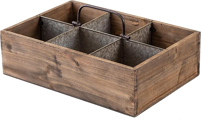Farmhouse Wooden Crates for Decor 15 X 10 inches, Distressed Wood and Galvanized Storage Crates for Crafts, Rustic Wooden Baskets for Gifts, Wood Crates for Display, 6 Individual Slots