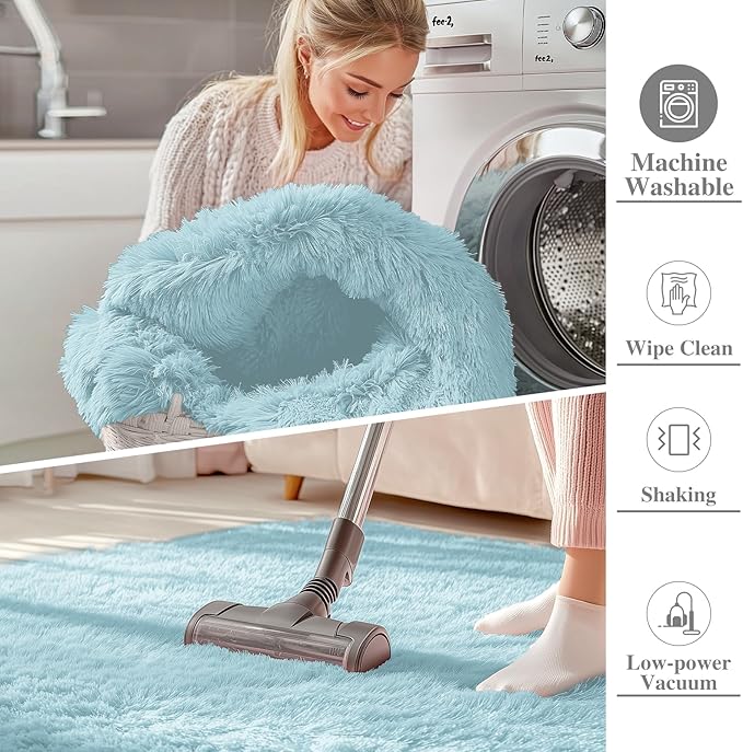 OLANLY 9x12 Machine Washable Large Area Rugs for Living Room, Bedroom, Soft Fluffy Shaggy Bedside Rug, Indoor Floor Carpet for Kids Girls and Boys, Dorms, Nursery, Home Decor Aesthetic, Light Blue