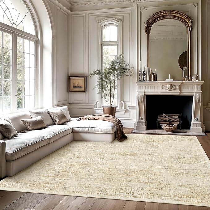 Soalmost Washable Area Rug 10x14, Large Soft Rugs for Living Room Vintage Beige Rug 10x14 Area Rugs for Bedroom Dining Room Floral Non-Slip Thin Rug