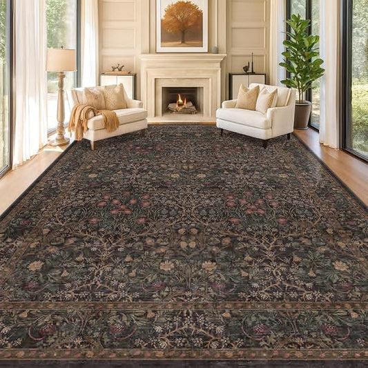 Hazo Haus Dark Brown 10x14 Area Rugs for Living Room - Extra Large Vintage Western Unique Neutral Floral, Washable Low Pile Non-Slip Soft Thin Area Rug for Dining Under Table, Bedroom Under Bed