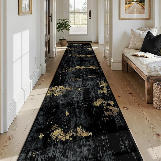 RELEANY Washable Area Rugs 2'6"x14 Non-Slip Modern Abstract Soft for Living Room Entryway Bedroom Nursery, Print Pattern, Dark Black Gold