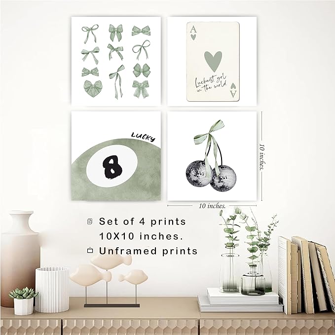 okaxscm Sage Green Coquette Trendy Preppy Wall Art Prints Set of 4, Coquette Preppy Room Decor Aesthetic, Green Bow Disco 8 Ball Cherry Wall Decor Posters for Girls Bedroom Dorm,10x10 Unframed
