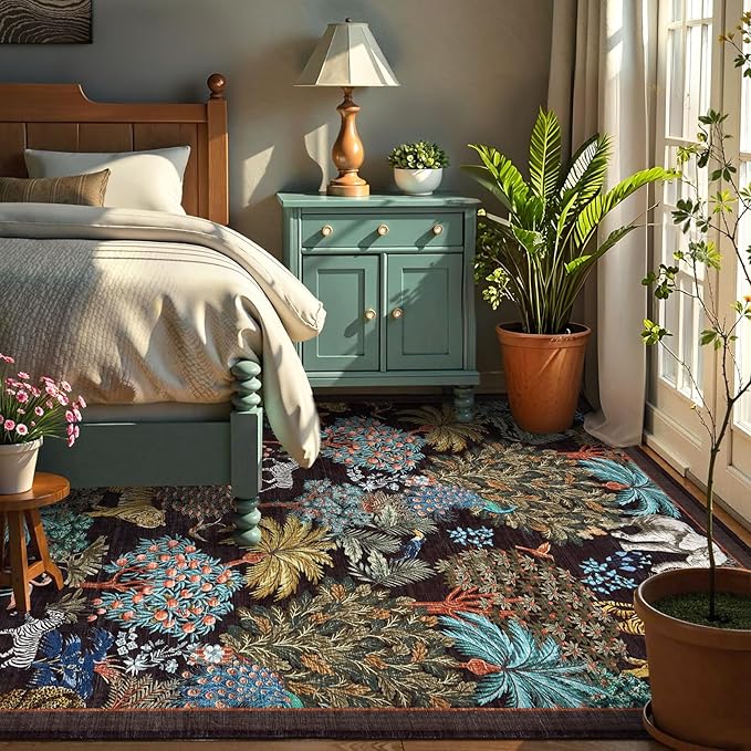 GarveeHome Jungle Animal Print Rug 5x7 Washable Area Rugs for Living Room, Forest Rug Non Slip Low Pile Stain Resistance Large Throw Carpet for Bedroom Dining Room Kids Playroom Nursery, Black