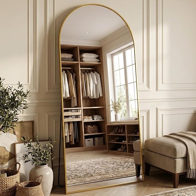Suidia 78"x38" Arched Full Length Mirror with Stand, Full Body Mirror with Aluminum Frame, Freestanding/Leaning/Wall-Mounted, Floor Mirrors for Bedroom, Living Room, Entryway, Dressing Room, Gold