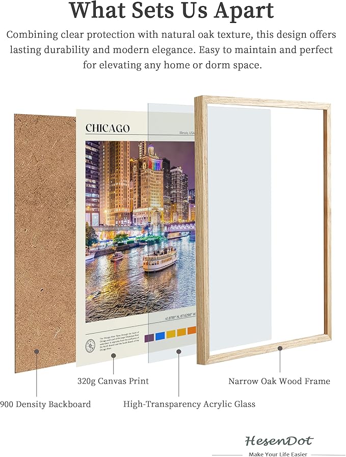HesenDot Natural OAK Wood Chicago Framed Wall Art,12x16in Chicago River Cityscape Canvas Wall Print,Classic Urban Skyline Home Decor for Living Room Bedroom Office Gallery, Set of 1