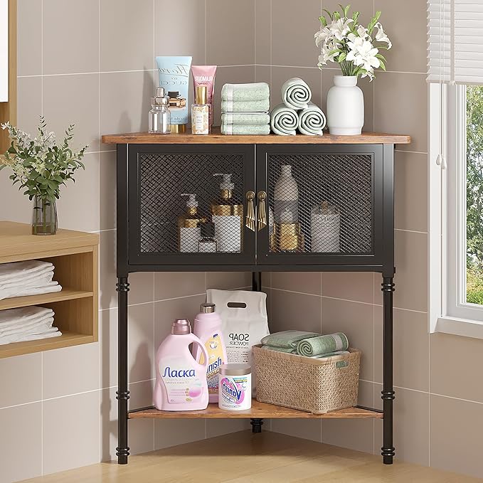 VECELO Corner Cabinet/Table, 3-Tier Display Shelves with Protection Door, Metal Frame Storage Shelf Organizer for Small Space, Living Room, Kitchen, Bathroom
