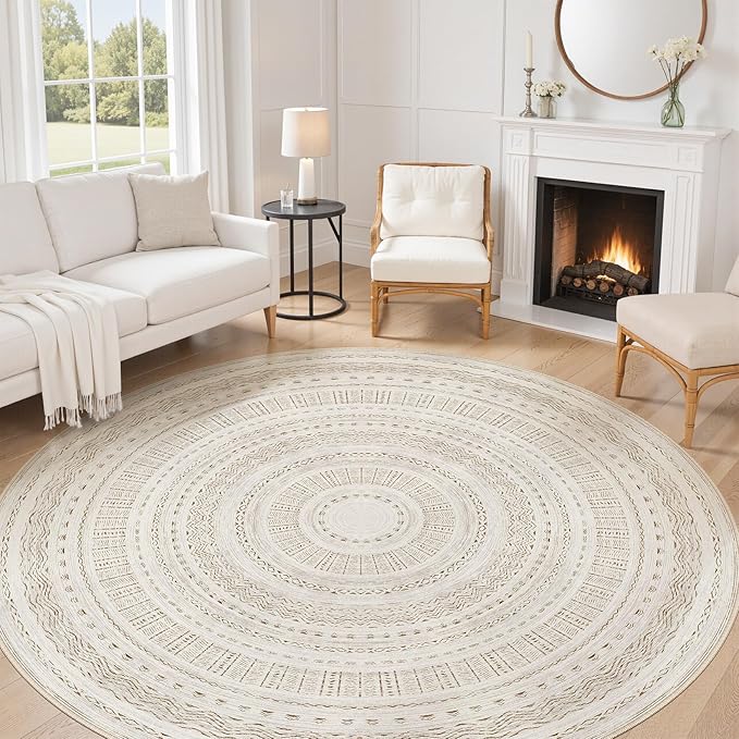cotiled 8x8 Round Area Rug Living Room: Washable Boho Rugs with Non Slip Backing Large Soft Indoor Stain Resistant Carpet for Bedroom Farmhouse Dining Room Lightweight Home Decor Brown/Cream