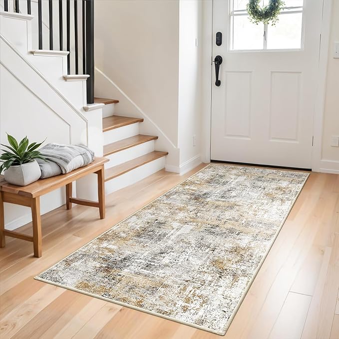 Washable 3x5 Entryway Rug - Non-Slip Soft Low-Pile Thin Small Area Rugs for Kitchen Bedroom Living Room Hallway – Modern Abstract Neutral Door mat Indoor （Gold Grey）