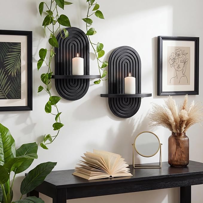 Heiple Set of 2 Boho Arched Floating Shelves 15.7”x 7.8”3D Wooden Hanging Shelf for Living Room Bedroom Nursery Mid Century Modern Wall Decor(Black, 11.7 * 15.7)