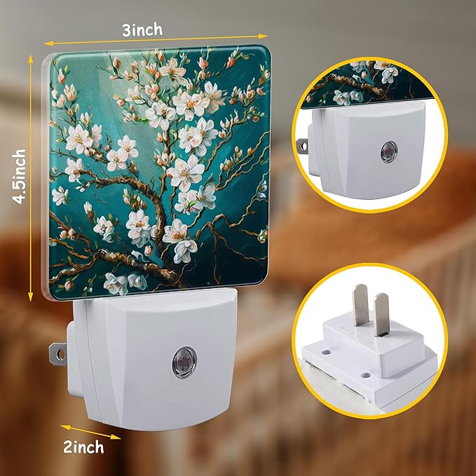 Night Light,Blossoming Almond Tree Oil Painting Plug-in Night Light Auto Dusk-to-Dawn Sensor Energy Efficient LED Lamp for Room Decor,Hallway,Kitchen,Bathroom,Nursery,Stairs