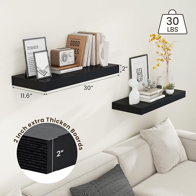 FLYJOE 30 Inch Floating Shelves | 12 Inch Deep Black Floating Shelves Set of 2 | 30" W x 12" D Rustic Wood Shelves for Wall | Deep Black Shelves for Living Room Bathroom Laundry Room Kitchen