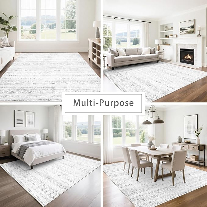 Srugn Moroccan Washable Rugs 8x10 Area Rugs for Living Room,Bedroom,Dining Room- Large Ultra Soft Faux Wool Retro Carpet,Non Slip&Non-Shedding Low Pile Vintage Print Rug for Home Office-(Gray-White)