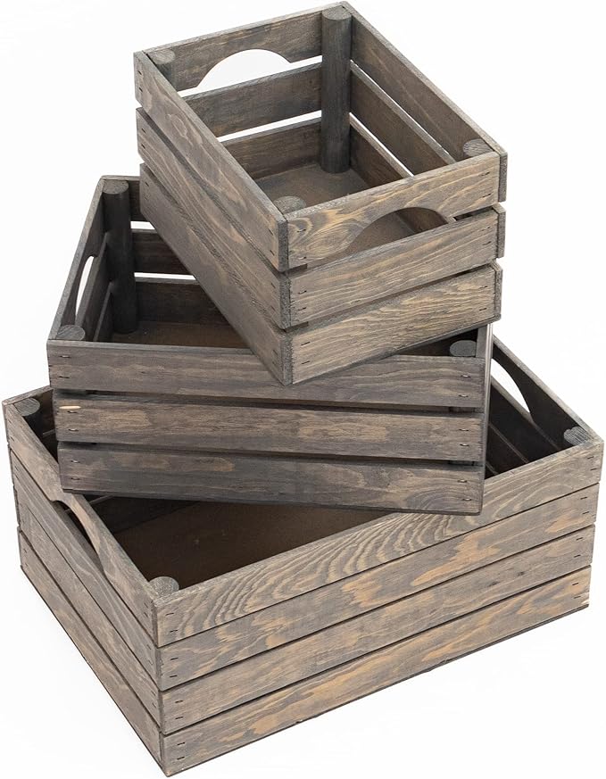 Rustic Wood Crates for vintage decorative display, Nesting Crate set for storage and farmhouse style decor, wooden boxes made from 100% Wood (Weathered Grey, Nested Set of 3)