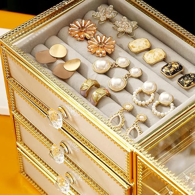 Jewelry storage box Makeup Organizers Glass Jewelry Box European Storage Case for Necklace Earring Ring Craft Containers Best Gifts for Women Jewelry Case ()
