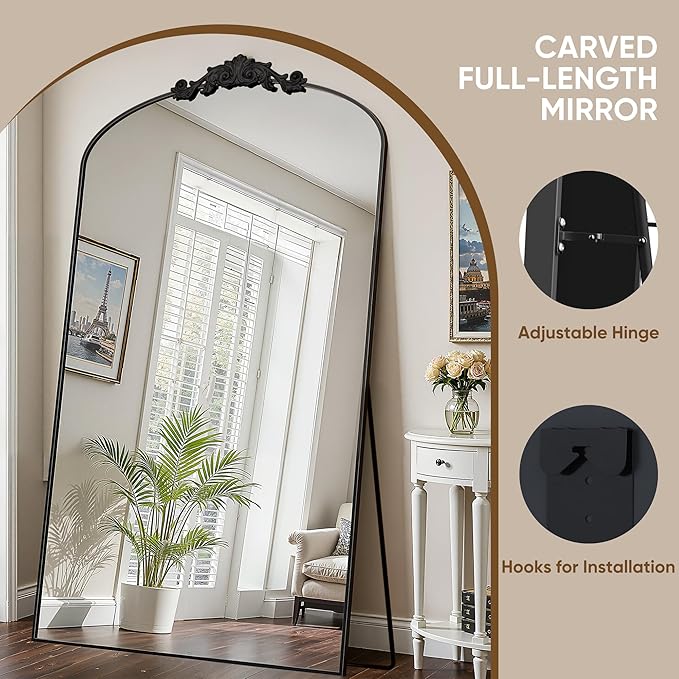 Antok Arched Full Length Mirror, 72"x44" Floor Mirror with Carved, Full Body Mirrors for HomeDecor, Standing/Halling Large Wall Mirror for Bedroom, Living Room, Cloakroom, Black, Retro Style