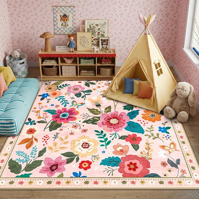 RELEANY Floral Nursery Square 6ft Area Rugs Washable Print Boho Cute Carpet Non Slip Flower Low Pile for Living Room Kids Girls Playroom Bedroom Kitchen Office Farmhouse-Pink