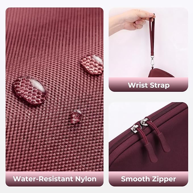 FYY Travel Cable Organizer - 8 Compartments Lightweight Water Resistant Tech Pouch with Wrist Strap, Electronic Accessories Case for Cord Charger Storage for Travel Home Office, Wine Red (Small)
