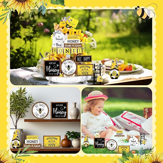 Bucherry 17 Pcs Spring Honey Bee Tiered Tray Decor Set Bee Wooden Signs Gnome Yellow Truck Honey Table Decor Spring Summer Farmhouse Table Signs Decoration