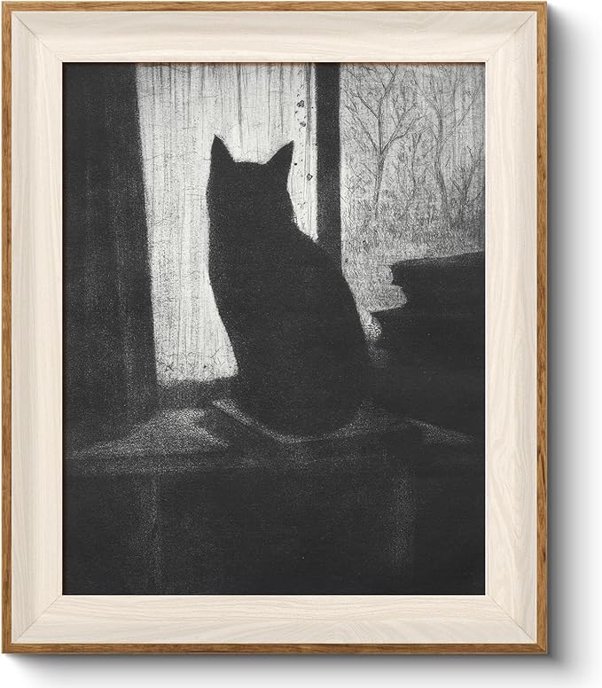 VIYYIEA Framed Wall Art for Living Room, Black Cat Canvas Prints, Vintage Home Decor, Animals Painting Picture, Bathroom Wall Decor Gifts for Friends or Family -【Lonely Cat】-(12L x 10W)