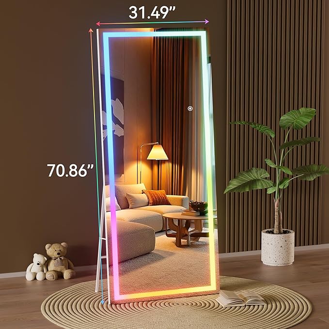 Hasipu 71"x31" LED RGB Bluetooth Full Length Mirror with Lights, Full Body Mirror with Stand, Wall Mount & Free Standing Floor Mirror for Bedroom Living Room Cloakroom, 7 Color & Brightness Adjustable