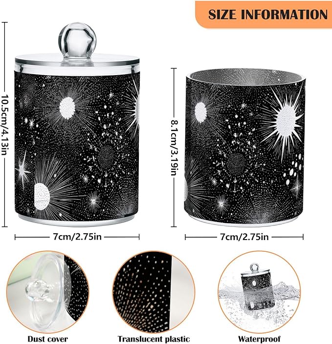 2 Pack Apothecary Jars Retro Dark Stars Sun Bathroom Vanity Storage Organizer Set,Small Clear Plastic Storage Jars Bathroom Canister for Cotton Swabs, Rounds, Balls, Qtips,Makeup Sponges, Floss