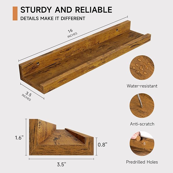 Floating Picture Ledge Shelves Set of 2, 16 Inch Solid Wood Wall Shelves with Lip, Large Nursery Book Shelf for Toys Storage, Kids Bookshelf, Living Room, Bedroom Decor Frames, Rustic Brown