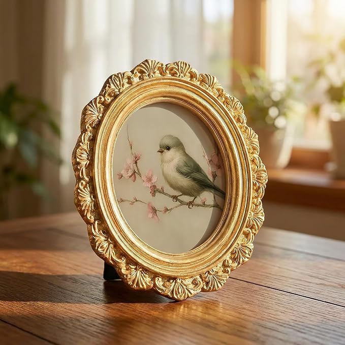 Small Vintage Bird Spring Round Picture Frame Wall Decor, Flower Gold Mini Ornate Photo Frame for TableTop Desk 2.7in Photo, Rustic Farmhouse Framed Artwork for Walls Office Bedroom Shelf