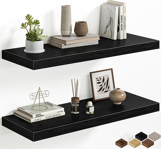 12 Inch Deep Floating Shelves, 32W x 12D Floating Shelf for Books, Rustic Wood Deep Wall Shelves for Home Storage & Display, 1.5" Thicked Shelves for Kitchen, Living Room, Bedroom, Black, 2 Pack
