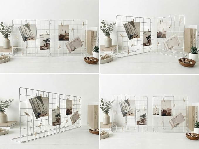 Foldable Double-sided Desktop Photo Display Rack & Grid Display Board With 20 Wooden Clips – Photo & Accessory Organizer For Home Office White
