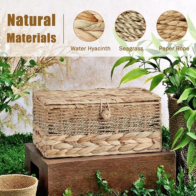 2PCS Wicker Storage Baskets with Lids Decorative Bohemian Handmade Rattan Boxes Natural Water Hyacinth Seagrass Paper Rope Woven Bins Shelf Container Memory Keepsake Photo Makeup Organizer