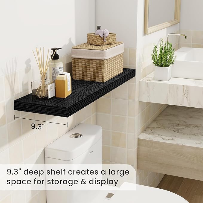 Fun Memories 9.3Inch Deep Floating Shelves for Wall, 32 Inch Rustic Wood Wall Mounted Shelves for Bathroom, Bedroom, Kitchen, Deep Floating Shelf for Storage & Home Decor (Black, Set of 2)