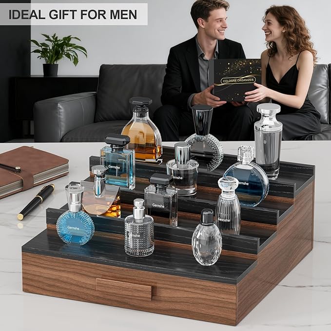 Solid Walnut Cologne Organizer for Men,Cologne Stand,4 Tier Wooden Cologne Holder Shelf Display,Perfume Stand Organizer with Drawer Storage and Hidden Compartment,Gift for Men Dad Husband