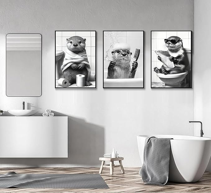 3Pcs Cute Otter Canvas Wall Art Black And White Animal Poster Print Funny otter bathing and reading newspaper Picture Painting Wall Decor for Bathroom Restroom Home Decoration Unframed
