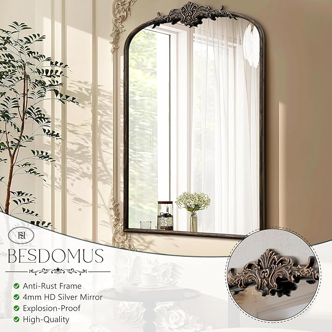 Besdomus Antique Large Arched Mirror: 24"x36" French Arch Black Vintage Vanity Wall Mounted Mirror - Traditional Ornate Home Decor for Entryway/Fireplace/Bathroom/Bedroom - Idea for Young Couples
