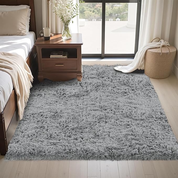 4x6 Area Rug for Living Room:Ultra Soft Fluffy Shag Light Grey Rugs,Large Fuzzy Plush Indoor Non Slip Carpet Washable Rug for Bedroom Kids Nursery Office Dorm Modern Decor(Light Grey 4'x6')