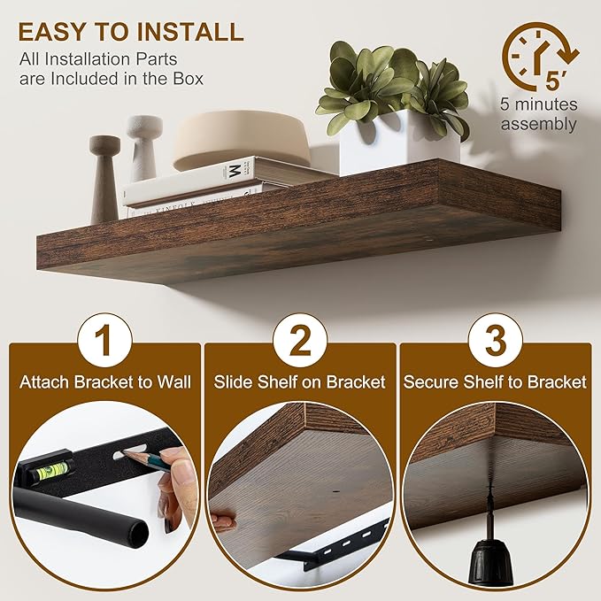 Fun Memories Floating Shelves for Wall, 24Inch Floating Shelves Set of 2, Hanging Shelf with Invisible Brackets, Wood Shelves for Living Room, Bedroom, Kitchen, Brown