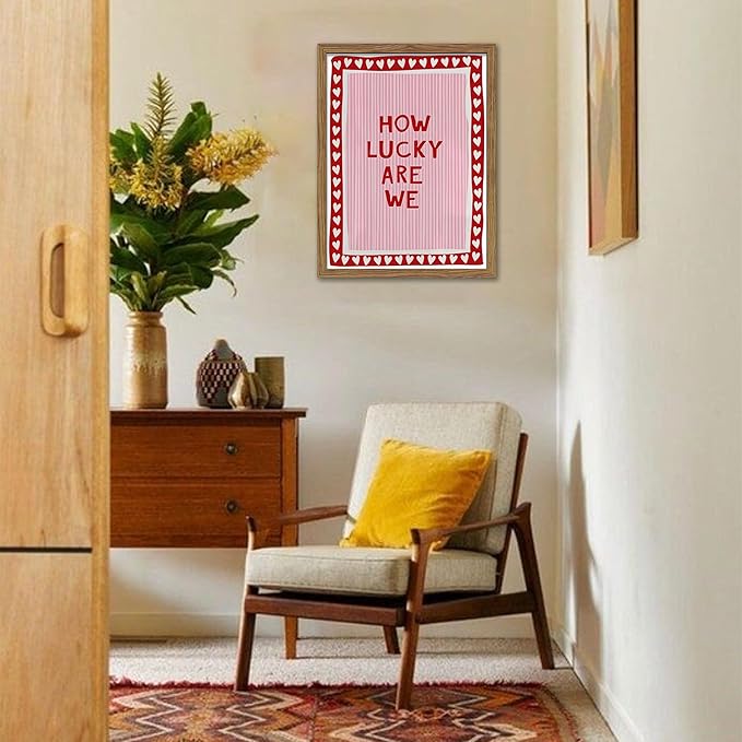 Framed How Lucky Are We Wall Art, Vintage Pink Inspirational Canvas Wall Decor Painting, Trendy Preppy Stripe Romantic Quotes Posters Prints Pictures for Bedroom Dorm Valentine Gift 12x16 Inch