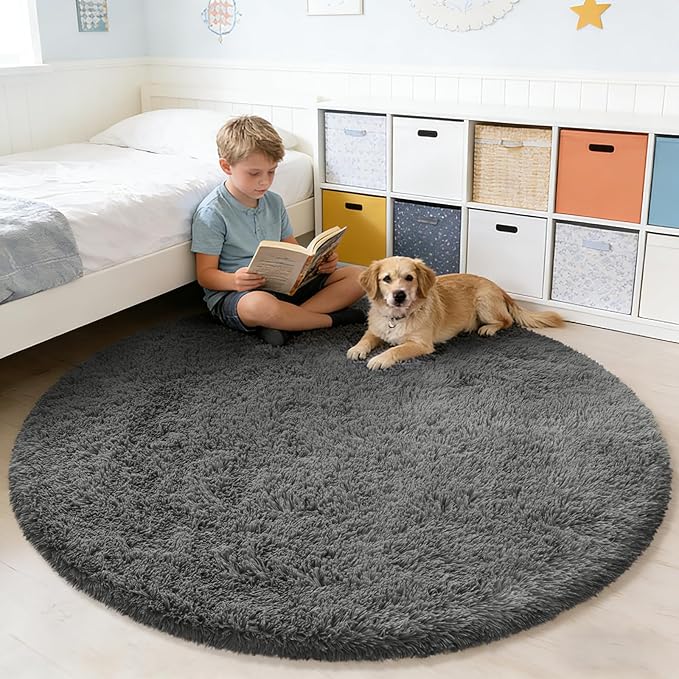 yulidayang Fluffy Round Area Rugs for Bedroom,4'X4'Shag Circle Area Rugs for Living Room,Non Slip Fuzzy Plush Rug for Kids Room Boys Girls Room and Dorm,Deep Grey