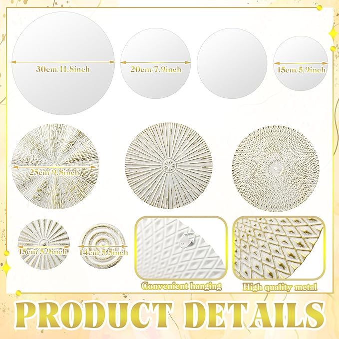 Blulu 9 Pcs White Gold Mirror Wall Decor Metal Round Home Art Decor Decorative Modern Circle Mirror Wall Art Sculpture Hanging Decorations for Home Living Room Office