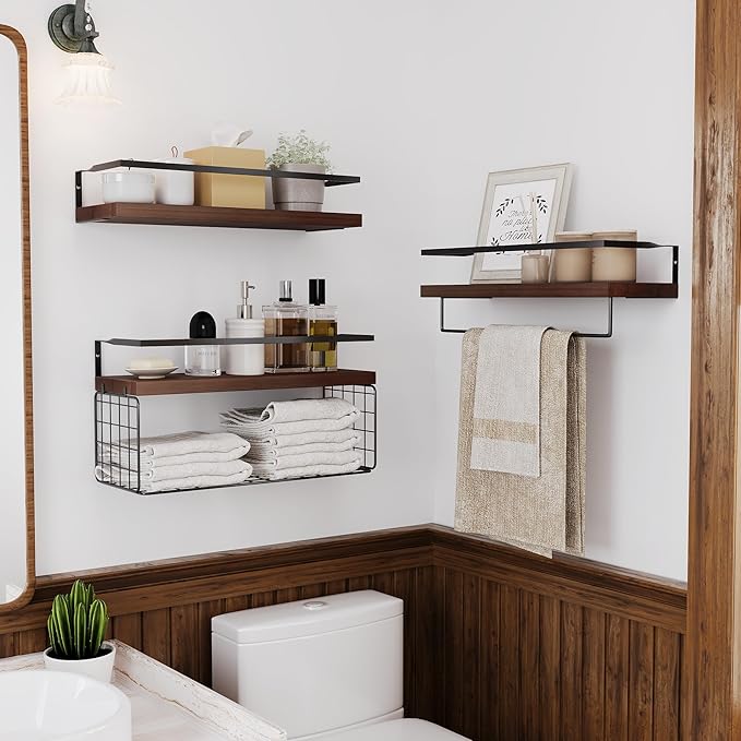 Wood Floating Shelves Wall Mounted - 3+1 Tier Rustic Bathroom Shelves Over Toilet with Wire Storage Basket &Towel Bar, Set of 3 Farmhouse Floating Shelf for Bathroom,Kitchen,Bedroom,Dark Brown.