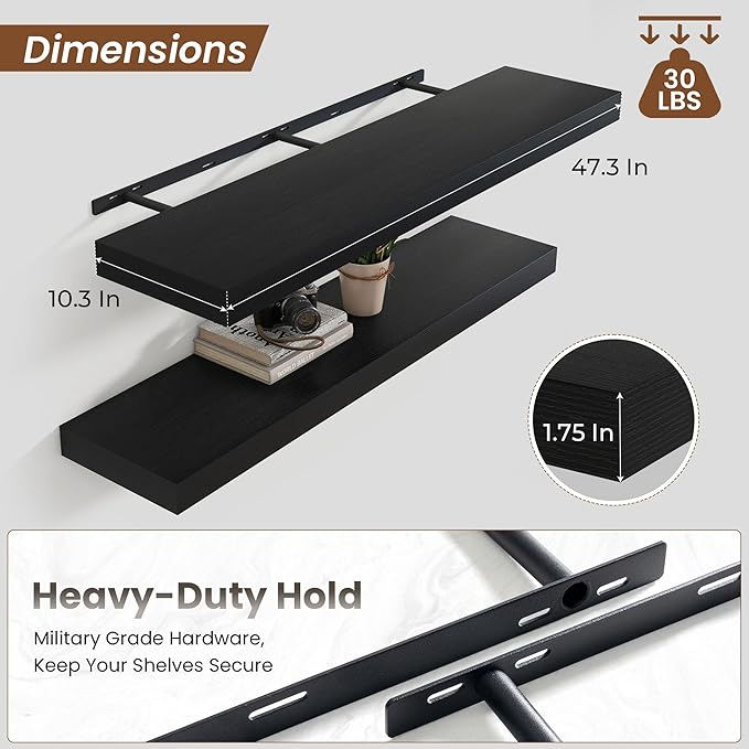Heimlove Floating Shelves for Wall 48 Inch Long,Extra Large and Thick Wood Shelves Mounted Storage Hanging Shelf Invisible Bracket for Bedroom,Living Room,Kitchen,Office,Set of 2,Black