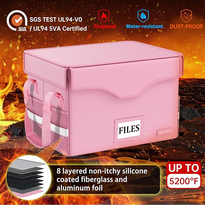 DocSafe 5200°F Fireproof Document Box with Lock,Heat Insulated File Organizer Storage with Pockets,Collapsible Portable Home Office File Safe Box with Handle for Hanging Letter/Legal Folders, Pink