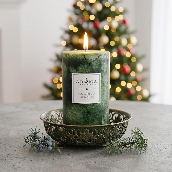 Aroma Naturals Holiday Juniper, Spruce and Basil Essential Oil Pillar Candle, Fresh Forest, 2.75 inch x 5 inch
