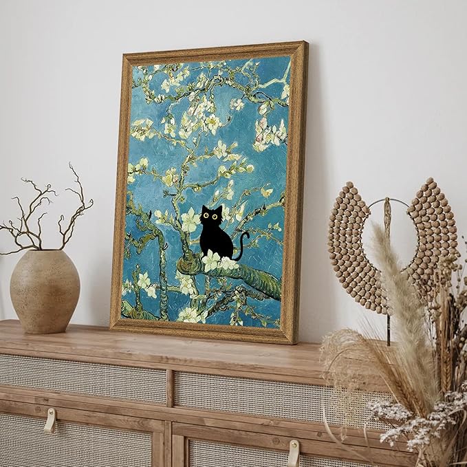 Fantasy Artists Van Gogh's Almond Blossom Funny Black Cat Canvas Wall Art, Oil Painting Posters Home Decor, Vintage Abstract Aesthetic Wall Decorations for Living Room Bedroom, 20'' x 30''