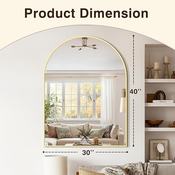 Vanity Bathroom Mirror for Wall, 40"x30" Arched Bathroom Mirror for Over Sink, Arched Metal Frame for Bedroom, Living Room, Entryway, Hanging or Leaning, Gold