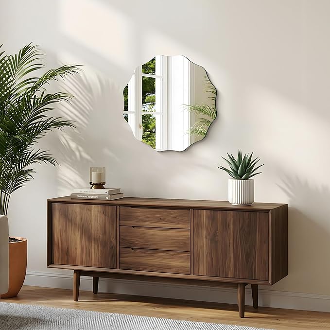 CILIBER Frameless Wavy Round Mirror, 20'' Scalloped Circle Wall Mirror, 3mm Tempered Glass Decorative Bathroom Vanity Mirror, Mounting/Leaning for Mantel, Living Room, Bedroom and Entryway