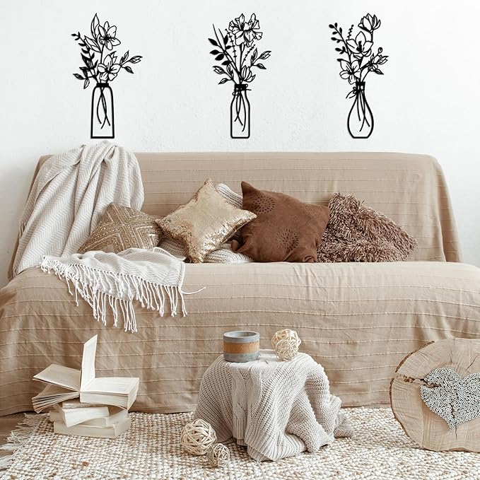 ARTINME 3 Pieces Metal Flowers Wall Arts - Rustic Farmhouse Decor Minimalist Flower Wall Decors for Living room Bathroom Kitchen Bedroom Dining Room - Housewarming Gifts (Black)