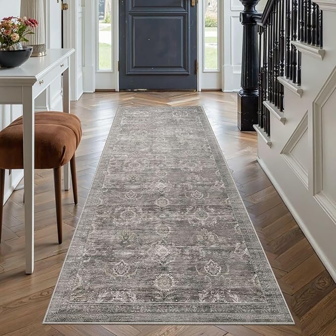 Rugxara 2x5 Runner Rug, Washable Kitchen Rugs, Grey Boho Vintage Floral Hallway Runner, Non Slip Low Pile Area Rug Carpet for Indoor Hallway, Kitchen, Laundry Room and Bathroom(Taupe/Grey 2x5ft)