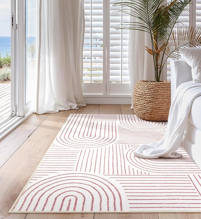 Lahome Abstract Washable Rugs, 4x6 Pink Rug for Bedroom Nursery Soft Non Slip Modern Living Room Rug, Ultra-Thin Non-Shedding Throw Carpet for Entryway Kitchen Office Darrell (4'x6',Pink/White)